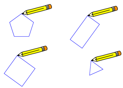 An example demonstrating a pentagon, rectangle, square, and triangle being drawn by a scratch script.