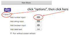 A screenshot of the interface students look at to create a new block in step 10. Click options, then click the button next to add number input.