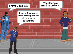 An example of a Counting Pockets Number Story with three sprites one of which has 13 pockets and one of which has eight pockets. The third sprite asks, 
