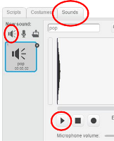 A screenshot shot showing the sounds menu tab. The Sounds tab is the third tab from the left, the choose sound from library button is to the far left in the new sound menu, the play button is to the far left next to the stop button and above the microphone volume slider.