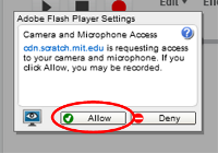 A dialogue box indicating that a program is attempting to use the camera and microphone. The allow button is located in the bottom left of the dialogue box adjacent to the deny button.