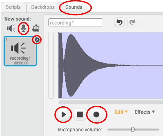 A screenshot of the sounds tab. The sounds tab is the tab on the far right. The record new sound button is the second button from the left in the new sound menu between the choose sound from library and the upload sound from file buttons. You can remove sounds by selecting them in the left-hand column and clicking the x in the top right corner of the sound. The play and record buttons are located on the left and right hand sides respectively of the stop button located above the microphone volume slider.