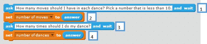 A Scratch Snippet showing how to use ask and set blocks to assign starting values to variables.