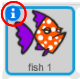A screenshot showing the i icon at the top left corner of the sprite icon. It can be used to rename the sprite.